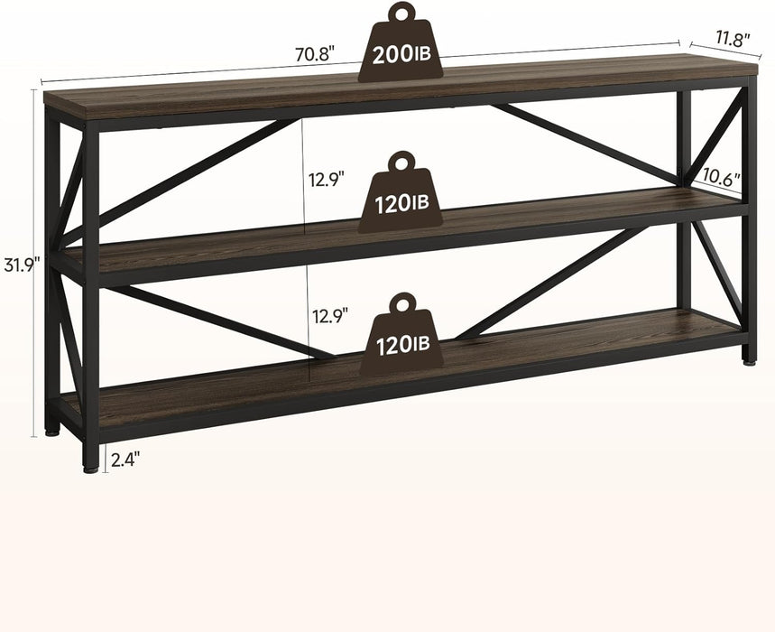 Industrial Console Sofa Table,70.8 Inch Extra Long Entryway Table with 3 Tier Wood Storage Shelf for Living Room, Hallway, Entrance, Narrow Sofa Table with Metal Frame, Black and Brown