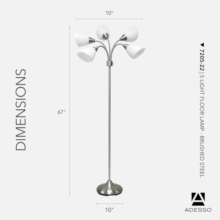 Floor Lamp with 5 Movable Shades & Adjustable Brightness – Perfect Lighting for Bedroom Decor, Beauty & Art Studio, Silver