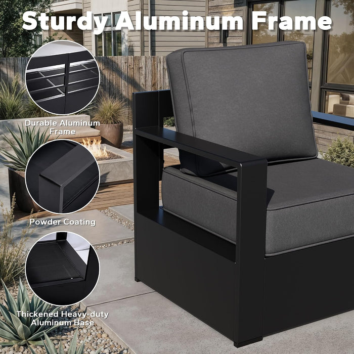Outdoor Aluminum Furniture Set, 4-Piece Patio Conversation Set, 2 Swivel Chairs, 1 Sofa and 1 Table, All-Weather Metal Frame, 6" Thick Removable Cushions, Deep Setting for Garden, Poolside and Porch
