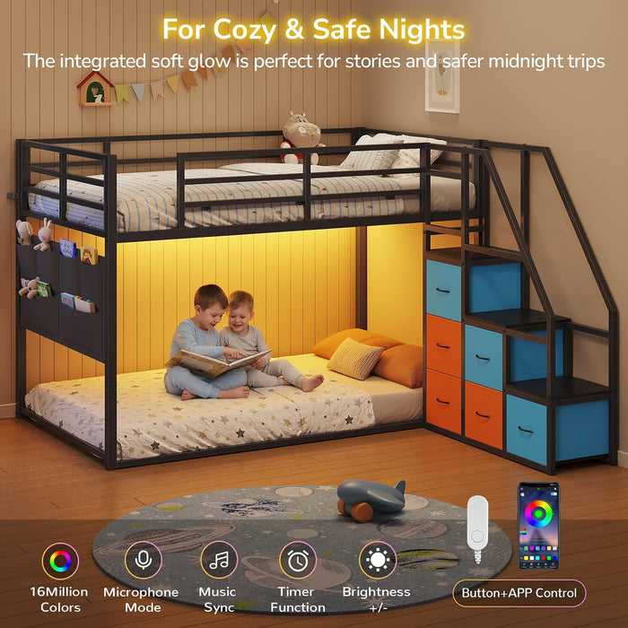 Low Bunk Bed Twin over Twin with 6 Storage Drawers and 6-Pocket Organizer, Reversible Storage Staircase(Left or Right), Bunk Bed for Kids with LED Lights,Metal Frame with Safety High Guardrails, Black