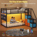 Low Bunk Bed Twin over Twin with 6 Storage Drawers and 6-Pocket Organizer, Reversible Storage Staircase(Left or Right), Bunk Bed for Kids with LED Lights,Metal Frame with Safety High Guardrails, Black