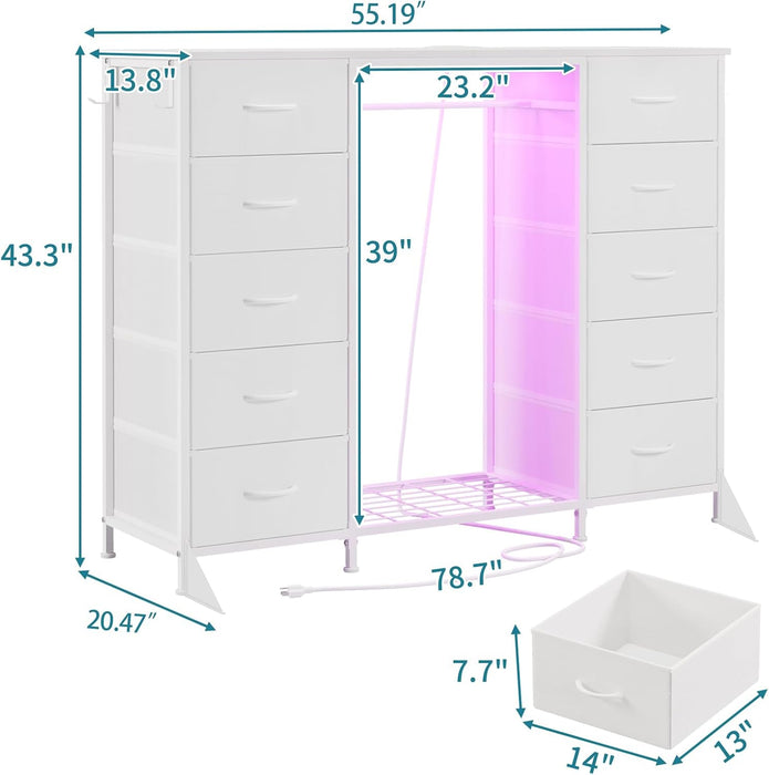 55"W Dresser with Hanging Rack,10 Fabric Drawers & Hooks for Bedroom