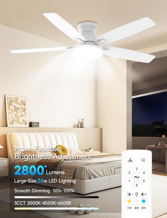 Flush Mount Ceiling Fan with Light, 52 Inch, Remote Control, 3CCT Dimmable LED, 6-Speed Silent Reversible DC Motor, Low Profile Hugger Ceiling Fan for Indoor/Outdoor 90-264V 50/60Hz Fresh White