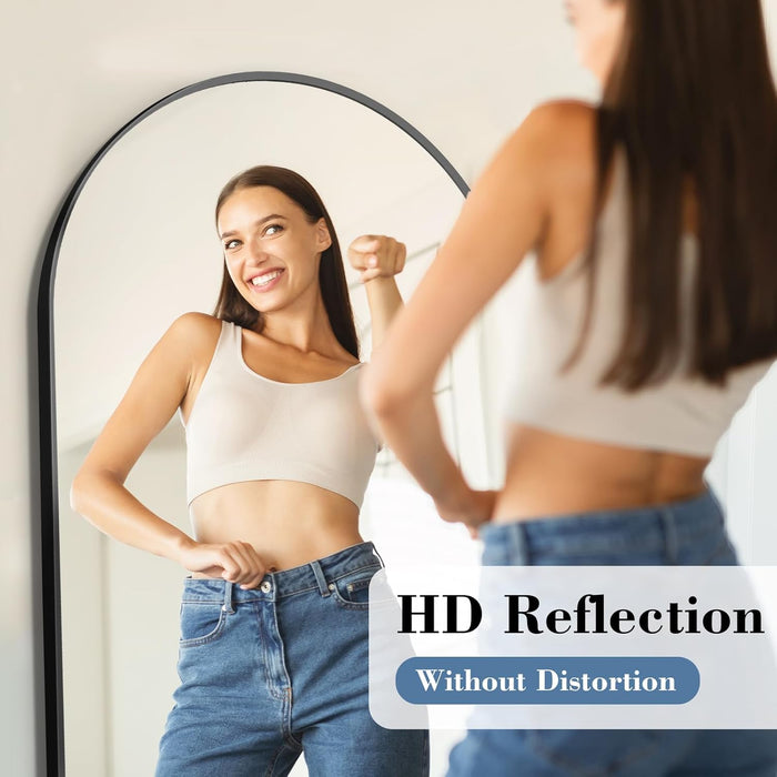 Arched Full Length Mirror with Stand Floor Standing Aluminum Frame for Bedroom Body Hanging Leaning Modern Simple Home Decor Shatter-Proorf Nano Glass Wall Living Room Cloakroom Black 56"X21"