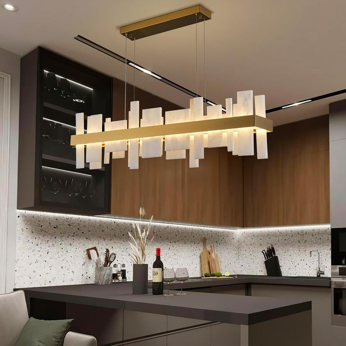 Alabaster Rectangle Chandelier, Natural Spanish Stone Texture Chandeliers, 46.8" Adjustable Alabaster Chandelier over Table for Dining Room, Bedroom, Island– Modern Luxury Ceiling Lighting