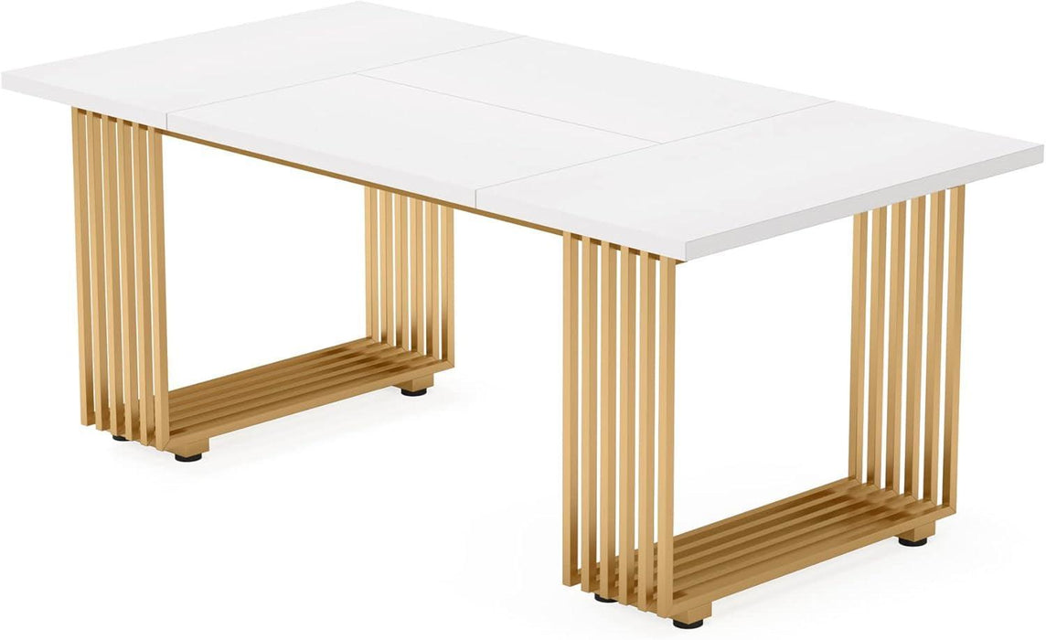 Modern Dining Table for 6-8 People, 70.8 Inches Long White Room Kitchen, Wood Kitchen with Gold Metal Legs, Rectangular Dinner Room, Family Gathering