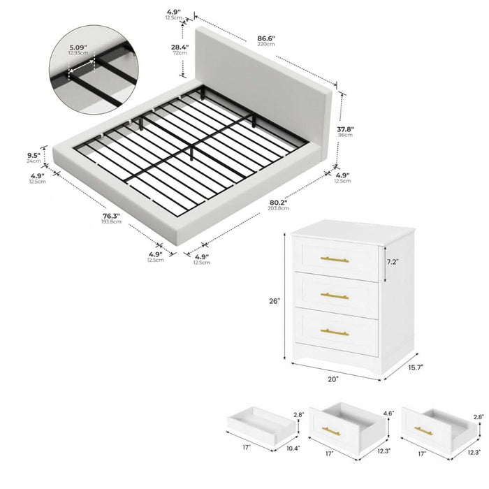 King Cloud Upholstered Bed Frame with Headboard + 2 White Nightstands Set with Charging Station