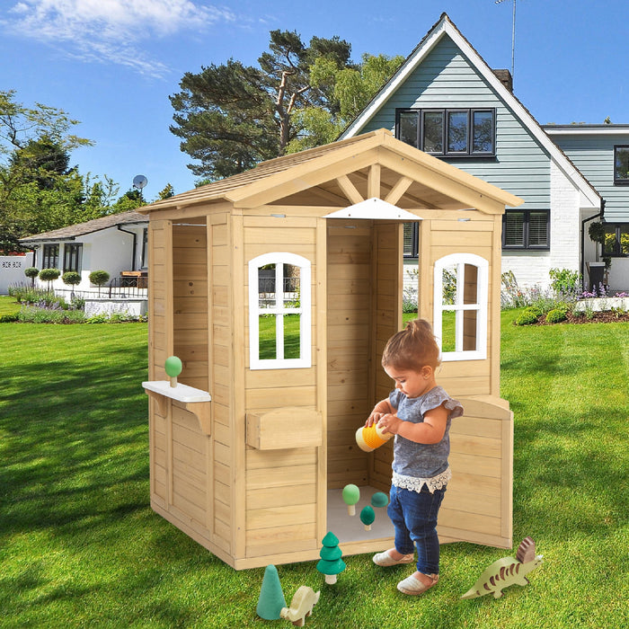 Wooden Kids Playhouse, Outdoor Playhouse with Working Door & Flowers Pot Holder, Oak