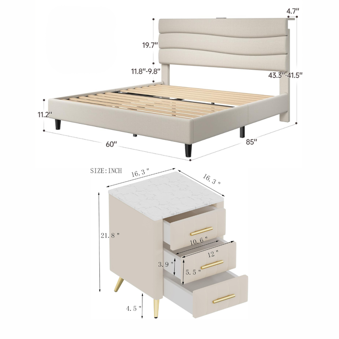Queen Upholstered Bed Frame with Charging Station and 2 Drawer Nightstands Set Beige