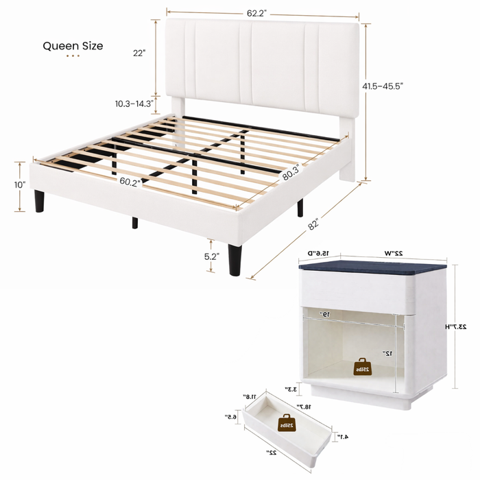 Queen White Velvet Platform Bed with Adjustable Headboard and 2 Drawer Nightstands Set