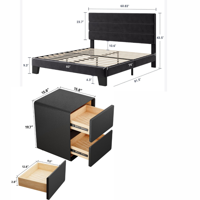 Queen Velvet Platform Bed with Adjustable Headboard and 2 Black Faux Leather Nightstands Set