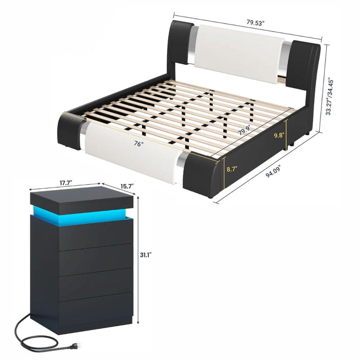 King Faux Leather Platform Bed with Adjustable Headboard + 2 LED Nightstands Set