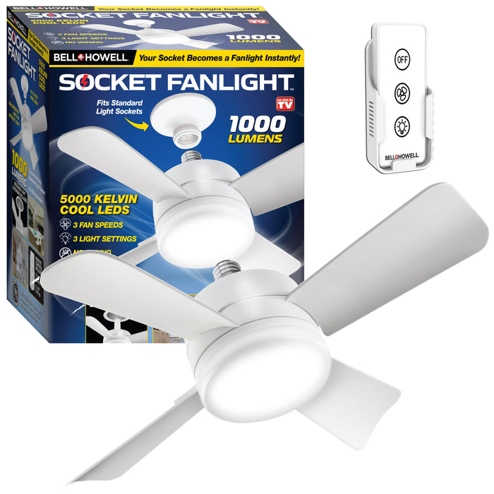 Socket Fan Ceiling Light for Indoor Room 4 Blades 1000 Lumens Warm Light 15" Dia White