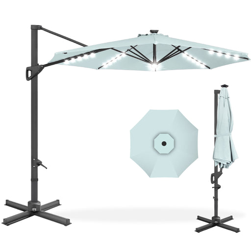 10Ft 360-Degree Solar LED Lit Cantilever Patio Umbrella, Outdoor Hanging Shade - Baby Blue