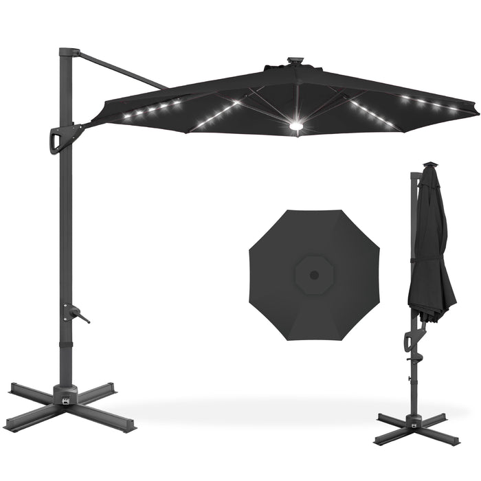 10Ft 360-Degree Solar LED Lit Cantilever Patio Umbrella, Outdoor Hanging Shade - Black