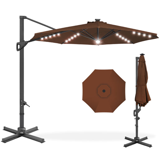 10Ft 360-Degree Solar LED Lit Cantilever Patio Umbrella, Outdoor Hanging Shade - Brown