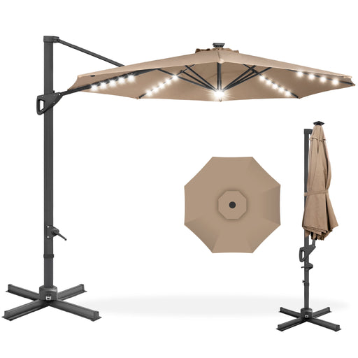 10Ft 360-Degree Solar LED Lit Cantilever Patio Umbrella, Outdoor Hanging Shade - Tan