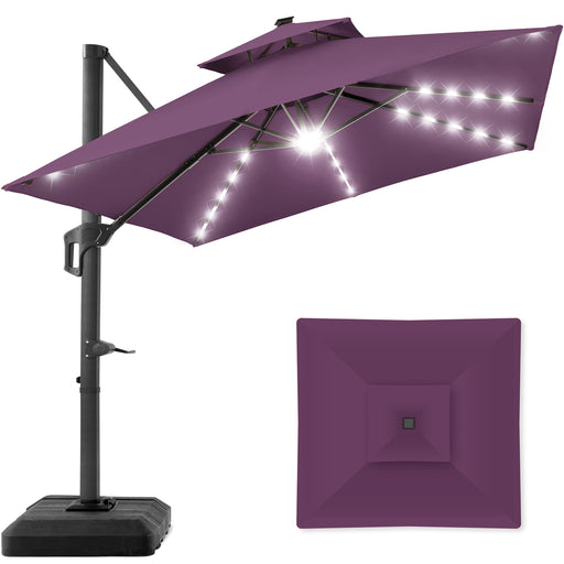 10X10Ft 2-Tier Square Outdoor Solar LED Cantilever Patio Umbrella W/Base Included - Amethyst Purple