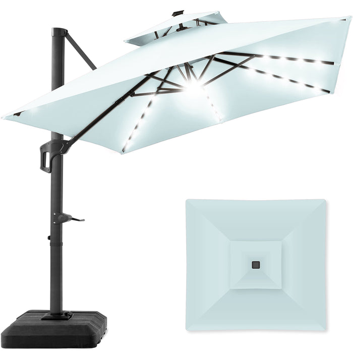 10X10Ft 2-Tier Square Outdoor Solar LED Cantilever Patio Umbrella W/ Base Included - Baby Blue