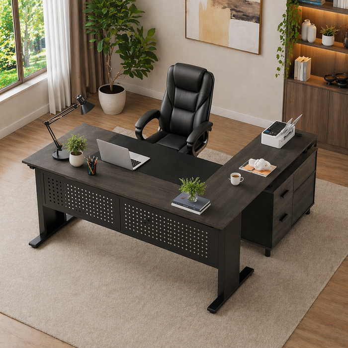 63" L-Shape Executive Desk with Storage Cabinet & High Back PU Leather Office Chair Set, Gray Black