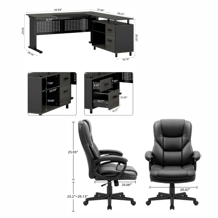 63" L-Shape Executive Desk with Storage Cabinet & High Back PU Leather Office Chair Set, Gray Black