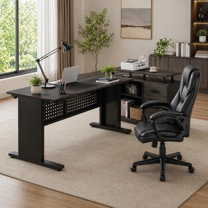 63" L-Shape Executive Desk with Storage Cabinet & High Back PU Leather Office Chair Set, Gray Black