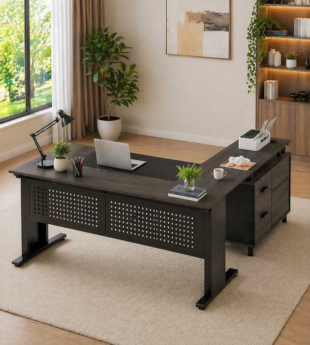 63" L-Shape Executive Desk with Storage Cabinet & High Back PU Leather Office Chair Set, Gray Black