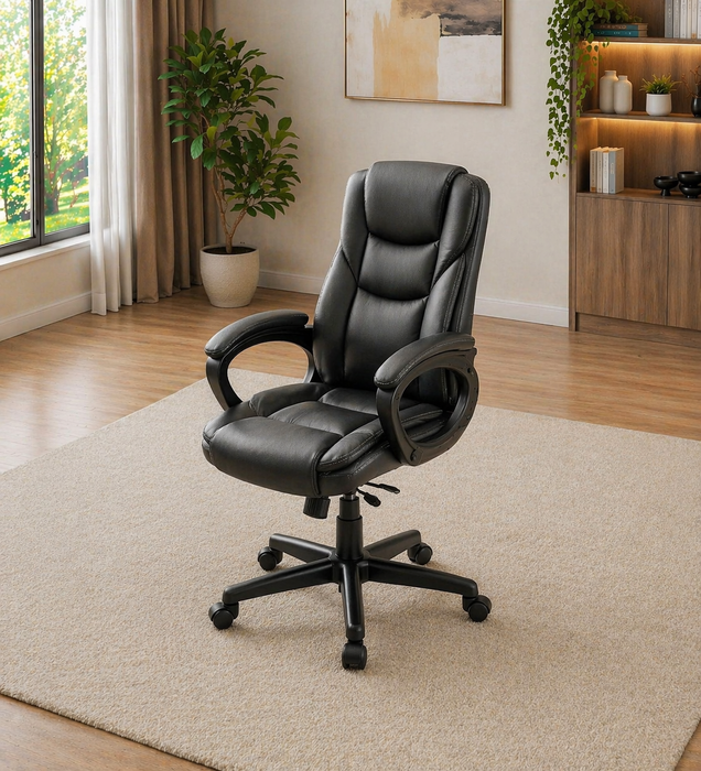 63" L-Shape Executive Desk with Storage Cabinet & High Back PU Leather Office Chair Set, Gray Black