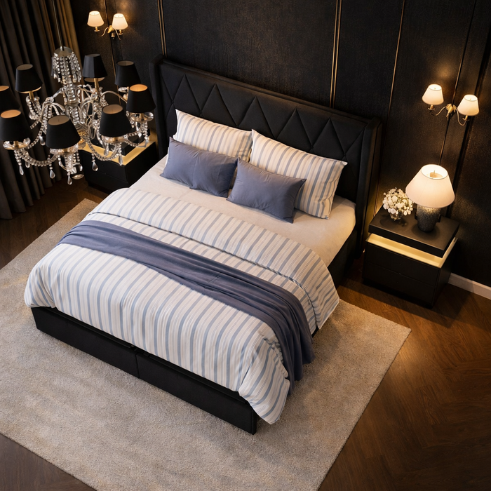 Queen Upholstered Storage Bed with 4 Drawers and Charging Headboard with 2 Black Nightstands Set