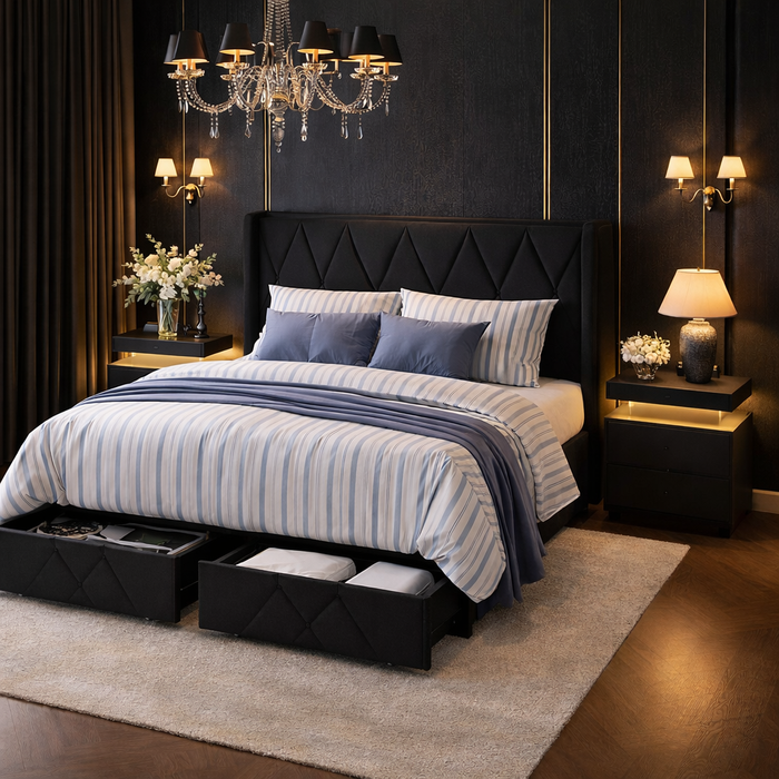 Queen Upholstered Storage Bed with 4 Drawers and Charging Headboard with 2 Black Nightstands Set