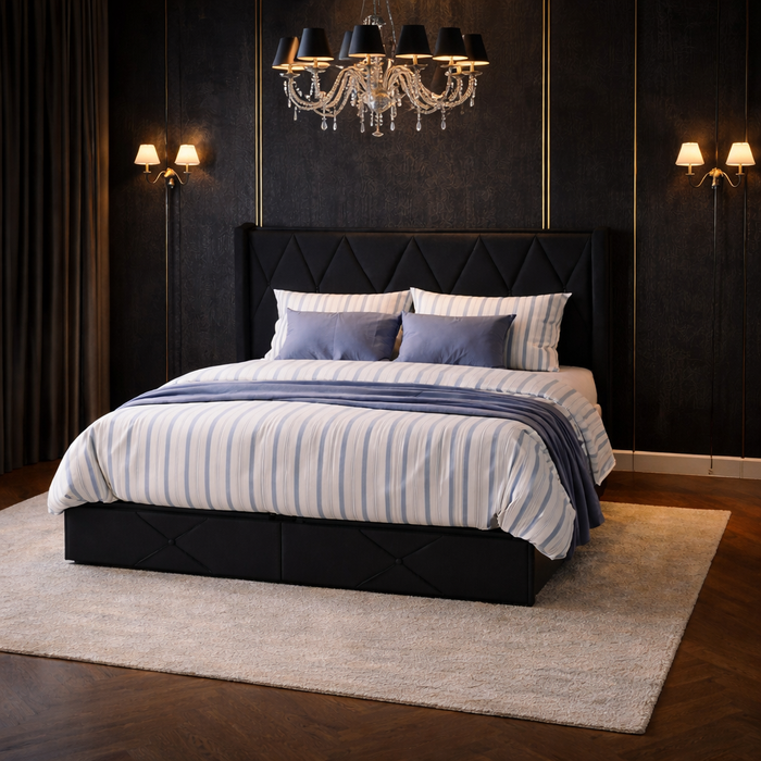 Queen Upholstered Storage Bed with 4 Drawers and Charging Headboard with 2 Black Nightstands Set