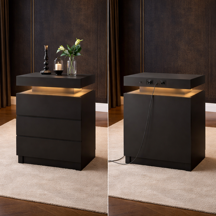Queen Upholstered Storage Bed with 4 Drawers and Charging Headboard with 2 Black Nightstands Set