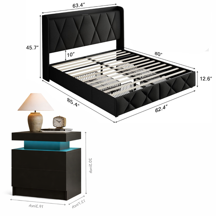 Queen Upholstered Storage Bed with 4 Drawers and Charging Headboard with 2 Black Nightstands Set