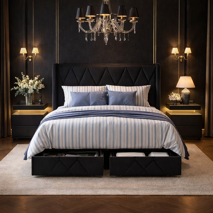 Queen Upholstered Storage Bed with 4 Drawers and Charging Headboard with 2 Black Nightstands Set