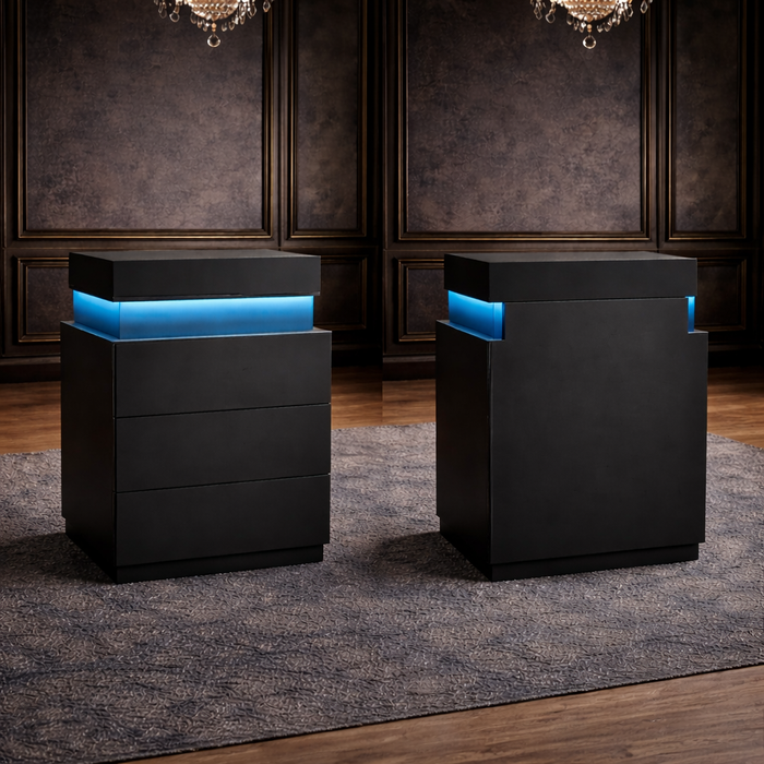 Queen Black Upholstered Platform Bed LED Nightstands