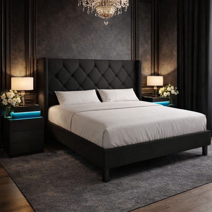 Queen Black Upholstered Platform Bed LED Nightstands
