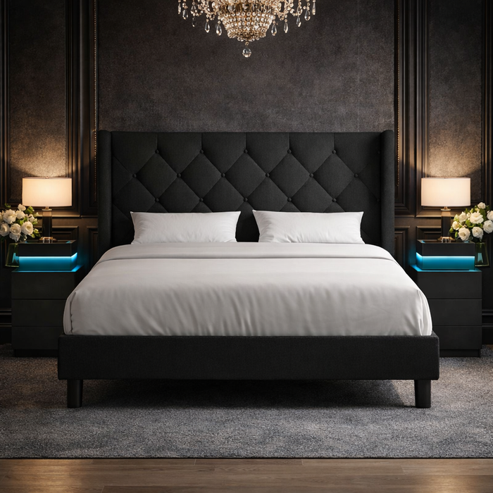 Queen Black Upholstered Platform Bed LED Nightstands