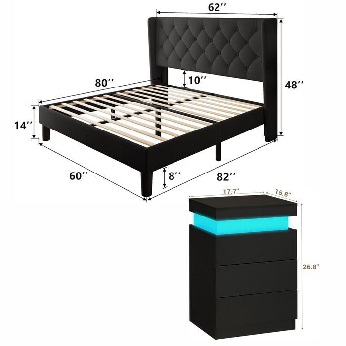 Queen Black Upholstered Platform Bed LED Nightstands