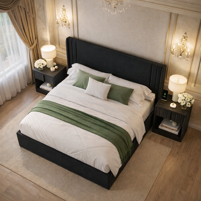 Queen Velvet Wingback Bed with 2 Fluted Nightstands Set Black Upholstered Platform Bed