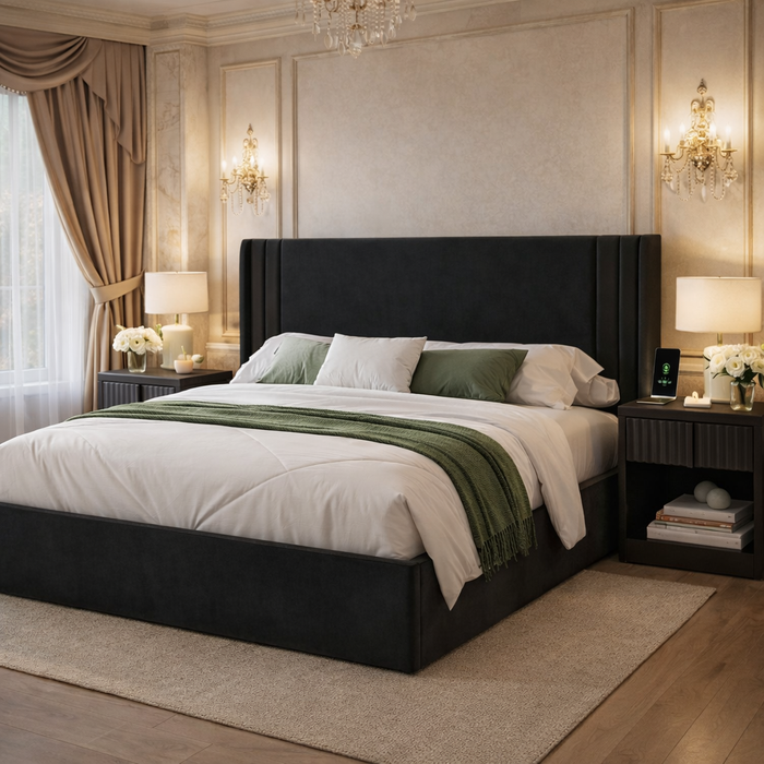 Queen Velvet Wingback Bed with 2 Fluted Nightstands Set Black Upholstered Platform Bed