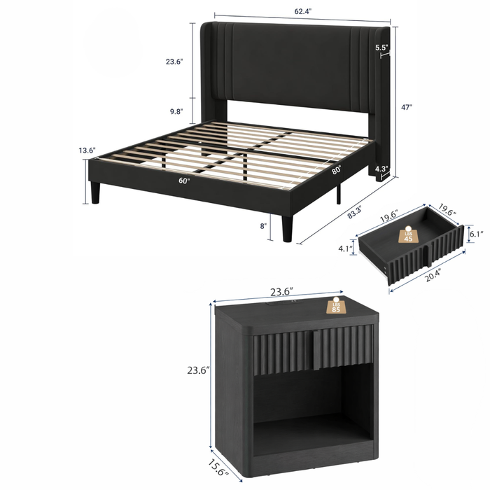 Queen Velvet Wingback Bed with 2 Fluted Nightstands Set Black Upholstered Platform Bed