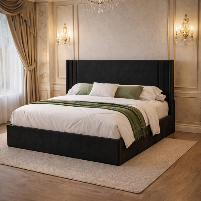 Queen Velvet Wingback Bed with 2 Fluted Nightstands Set Black Upholstered Platform Bed
