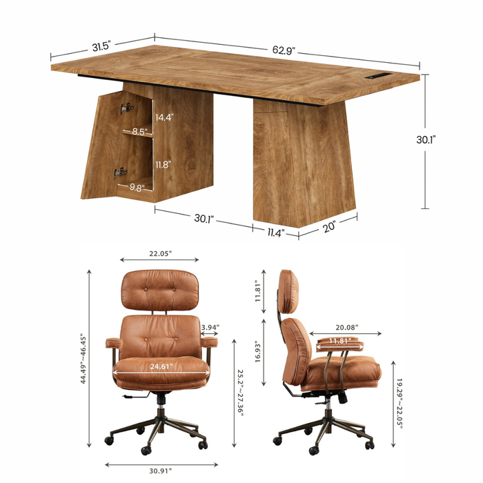 63” Executive Desk with Power Outlets & Storage + Ergonomic Wide Office Chair (Oak/Cognac)