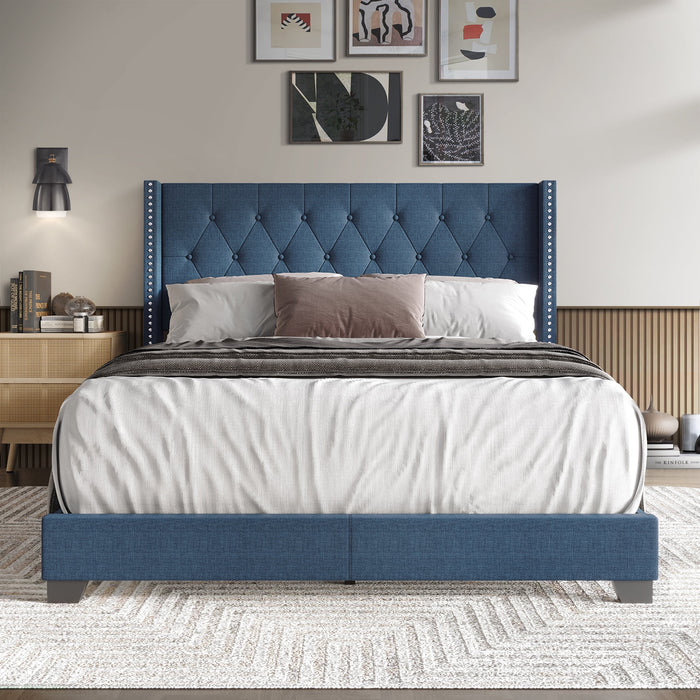 Nailhead Trim Wingback Linen Upholstered Bed, Blue, Full