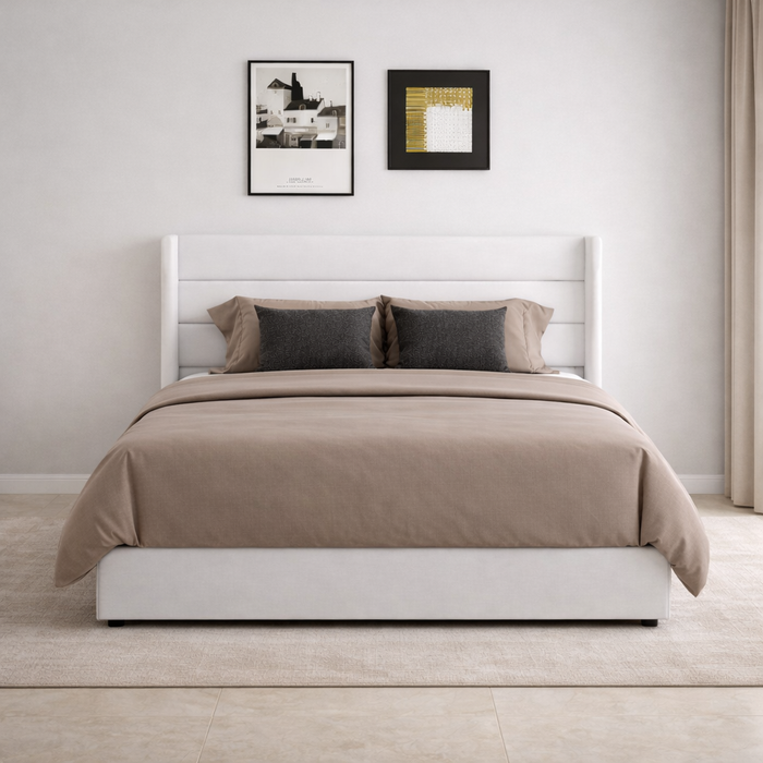 Queen Velvet Hydraulic Storage Bed with 2 Fluted Nightstands – White Oak Set