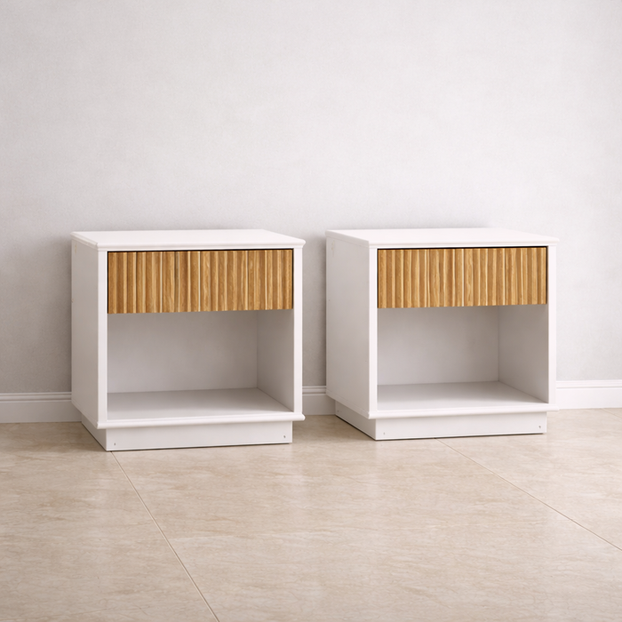 Queen Velvet Hydraulic Storage Bed with 2 Fluted Nightstands – White Oak Set