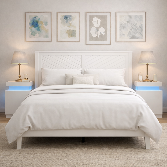 Queen White Solid Wood Platform Bed with Chevron Headboard and 2 LED Nightstands
