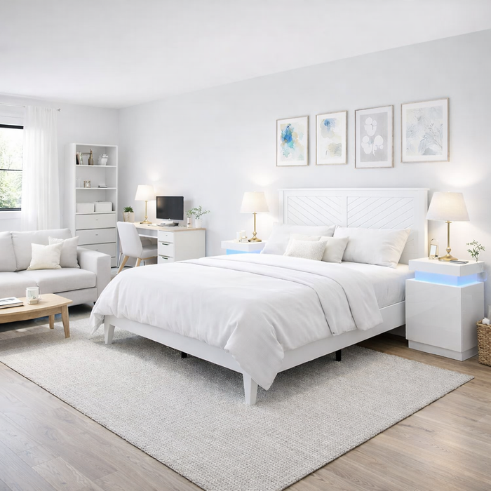 Queen White Solid Wood Platform Bed with Chevron Headboard and 2 LED Nightstands