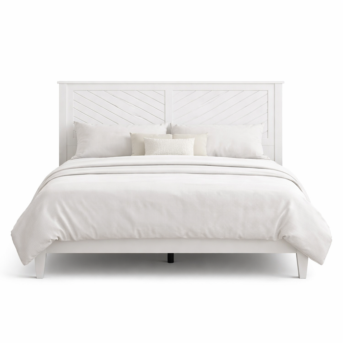 Queen White Solid Wood Platform Bed with Chevron Headboard and 2 LED Nightstands