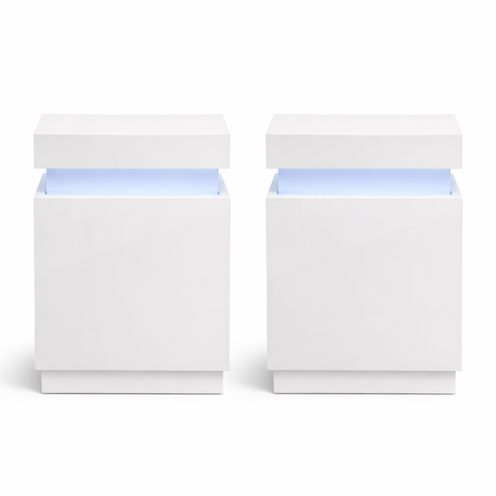 Queen White Solid Wood Platform Bed with Chevron Headboard and 2 LED Nightstands